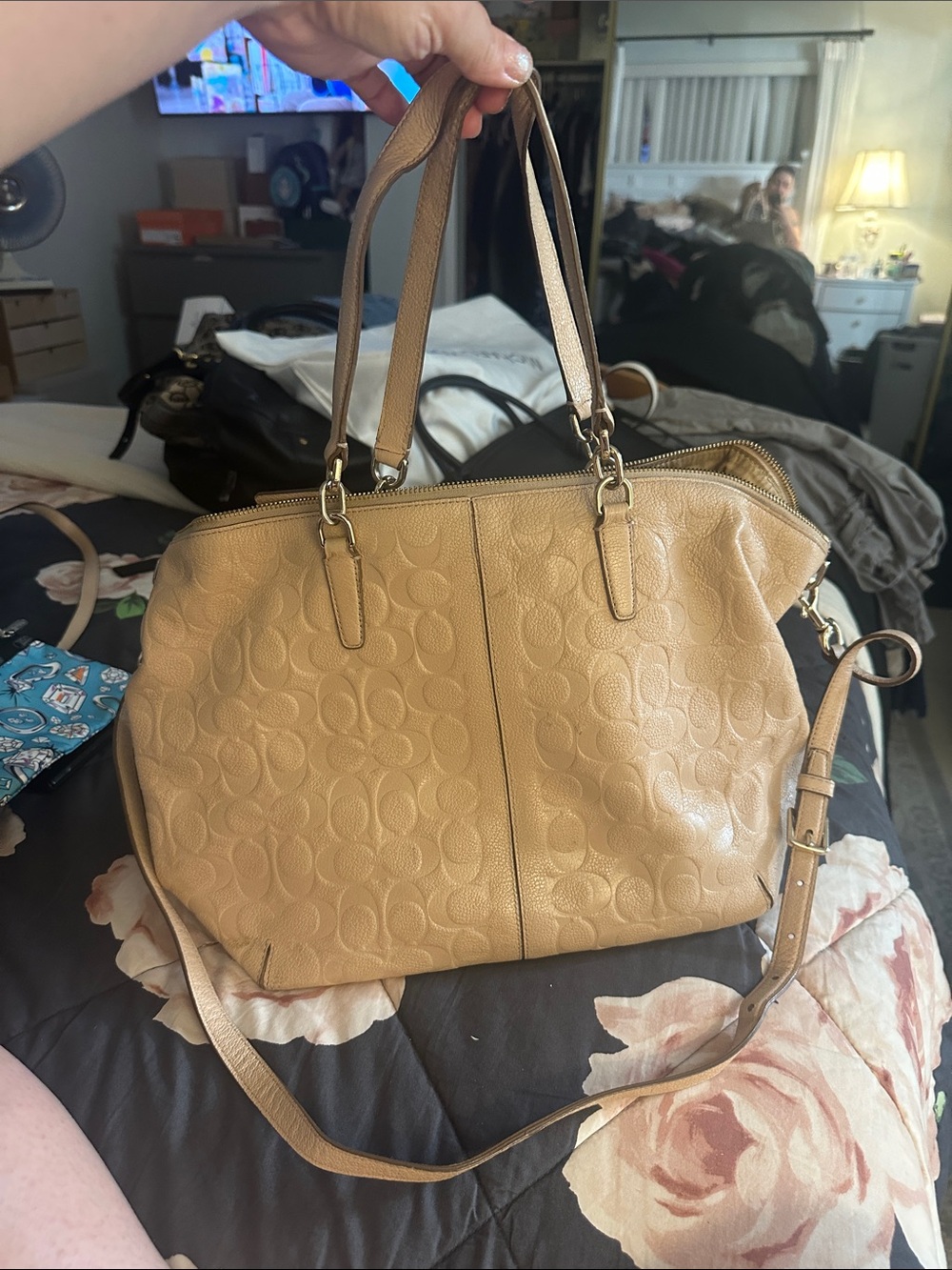 Coach Tan Signature Pebbled Leather Shoulder Satchel